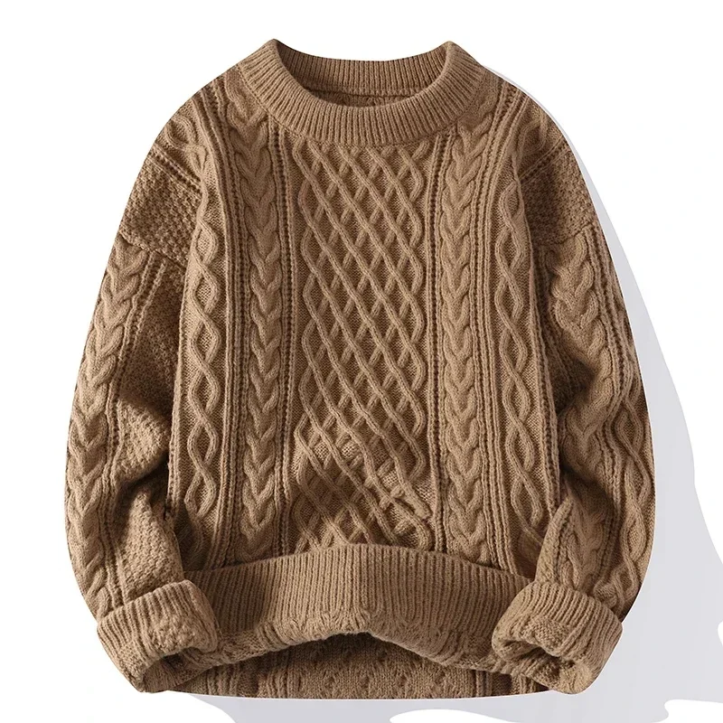 Winter Men Vintage Twist Sweater Round Neck Solid Color Male Fit Knitted Pullover Loose Harajuku Mens Retro Sweaters Multicolors