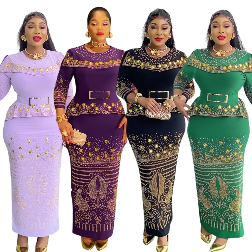 فساتين الحفلات الأفريقية للنساء مقاس كبير Dashiki Diamond Bodycon شق فستان طويل أنيق تركيا مسلم ثوب مسائي الزفاف