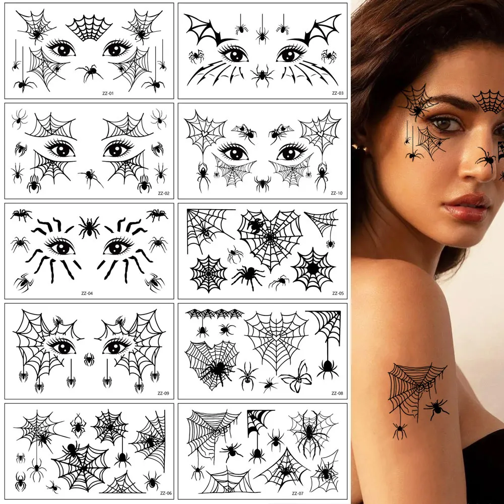 

10 Sheets Spider Web Face Tattoo Stickers for Men Women Waterproof Fake Tattoo for Halloween Party Body Face Makeup