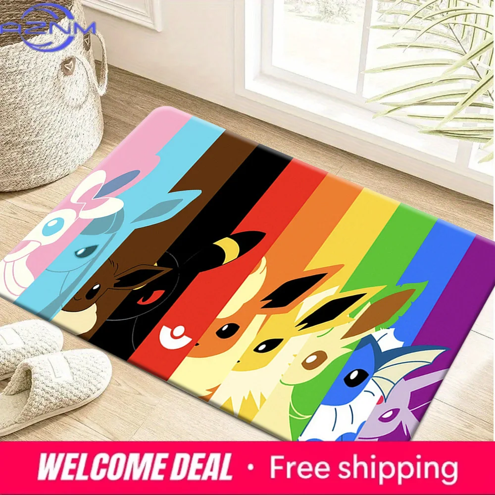 Tapis de porte antidérapant à rayures arc-en-ciel avec imprimé Eevee Evolution Family, tapis de sol doux et absorbant pour l'entrée de la maison, le salon, la chambre à coucher