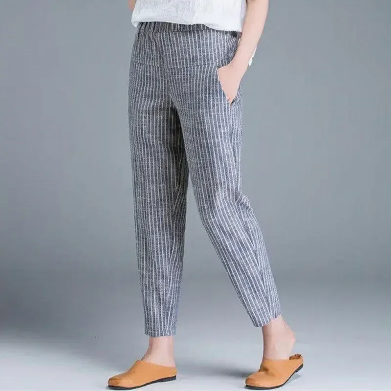 New Arrival Summer Women Pants Korea Fashion High Waist Thin Casual Harem Pants Striped Cotton Linen Trousers