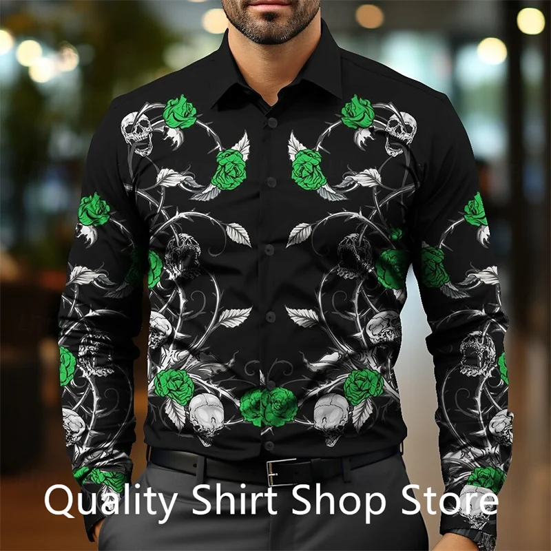 Floral Skull Casual Business Casual Men\'s Formal Shirt Button Shirt Long Sleeve Party Evening Event/Party Daily Autumn Winter Sp