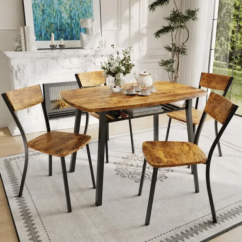5 Piece Dining Table Set with 4 Chairs, 43 Inch Kitchen Table with Storage Shelf, Space Saving Dining Set for Small Apartment
