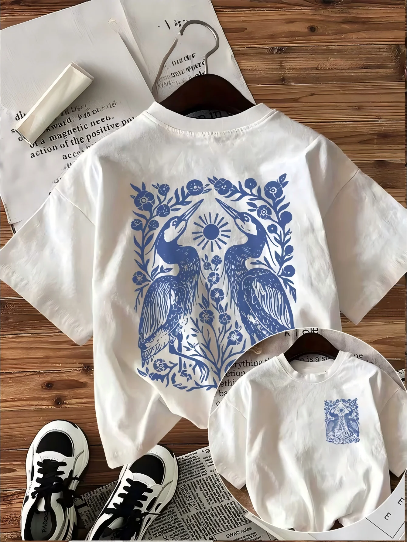Vintage Heron Bird T Shirt Symmetrical Floral Graphic Tee Retro Aesthetic Harajuku Streetwear Top Casual Unisex Summer Tshirt
