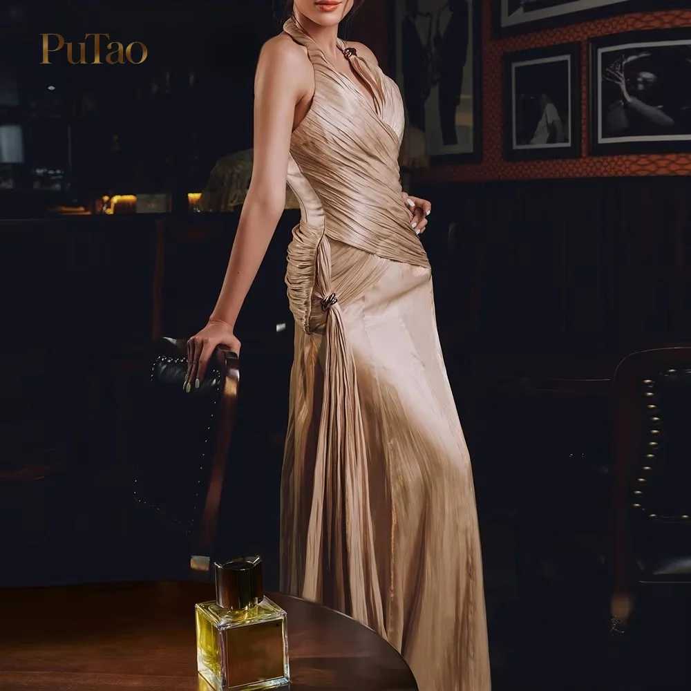 PuTao Halter Neck Metallic Pleated Evening Dress Ruched Side Detail Sleeveless Mermaid Formal Party Gown Women Wedding Guest