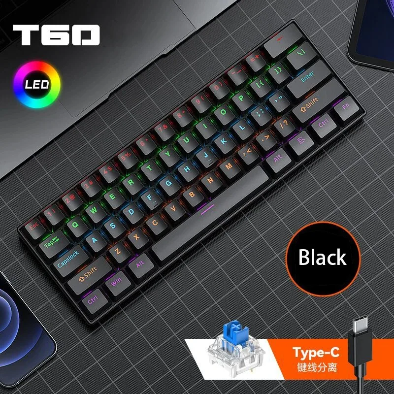 Hot Swappable Mechanical Keyboard T-WOLF T60, 61 Keys Mini Layout, Wired Type-C RGB Lighting Gaming Keyboard For Office And Game