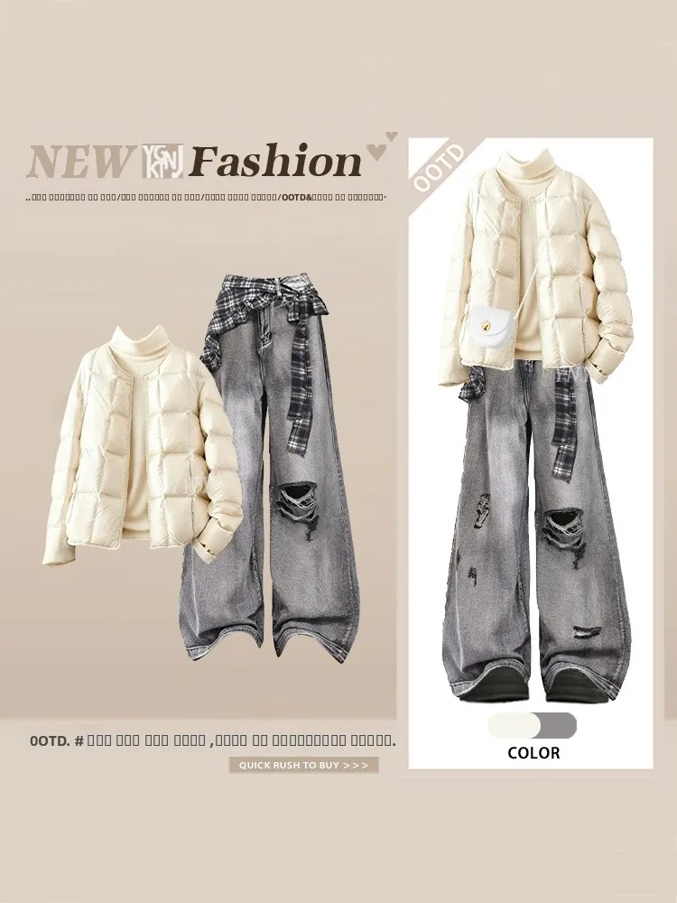 

Зимний винтажный мягкий новый бежевый хлопковый топ-джат, женские джинсовые брюки с отверстиями, комплект футболок с высокой талией, длинный свек