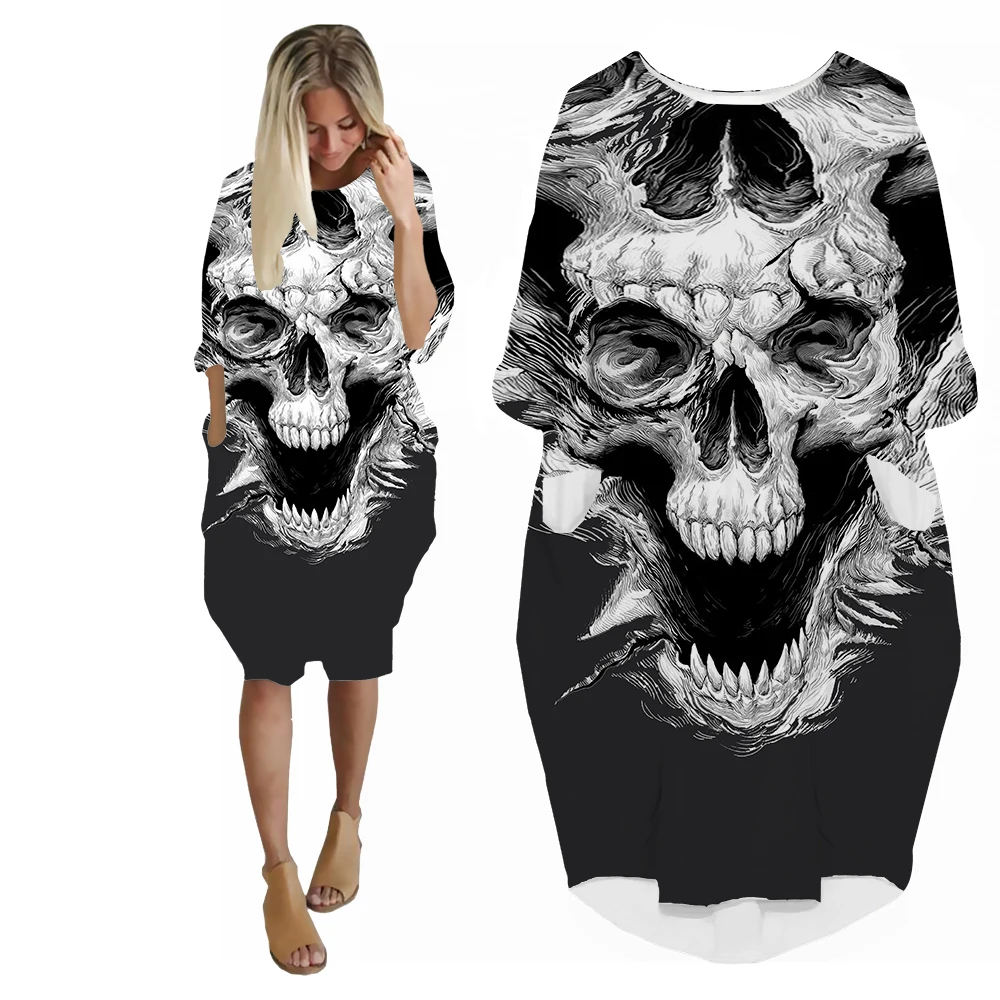 SONSPEE Black and White Image Abstract Skull 3D Print Women's Dress Amazing Designs Long Sleeve Pocket Skirt Loose Streetwear