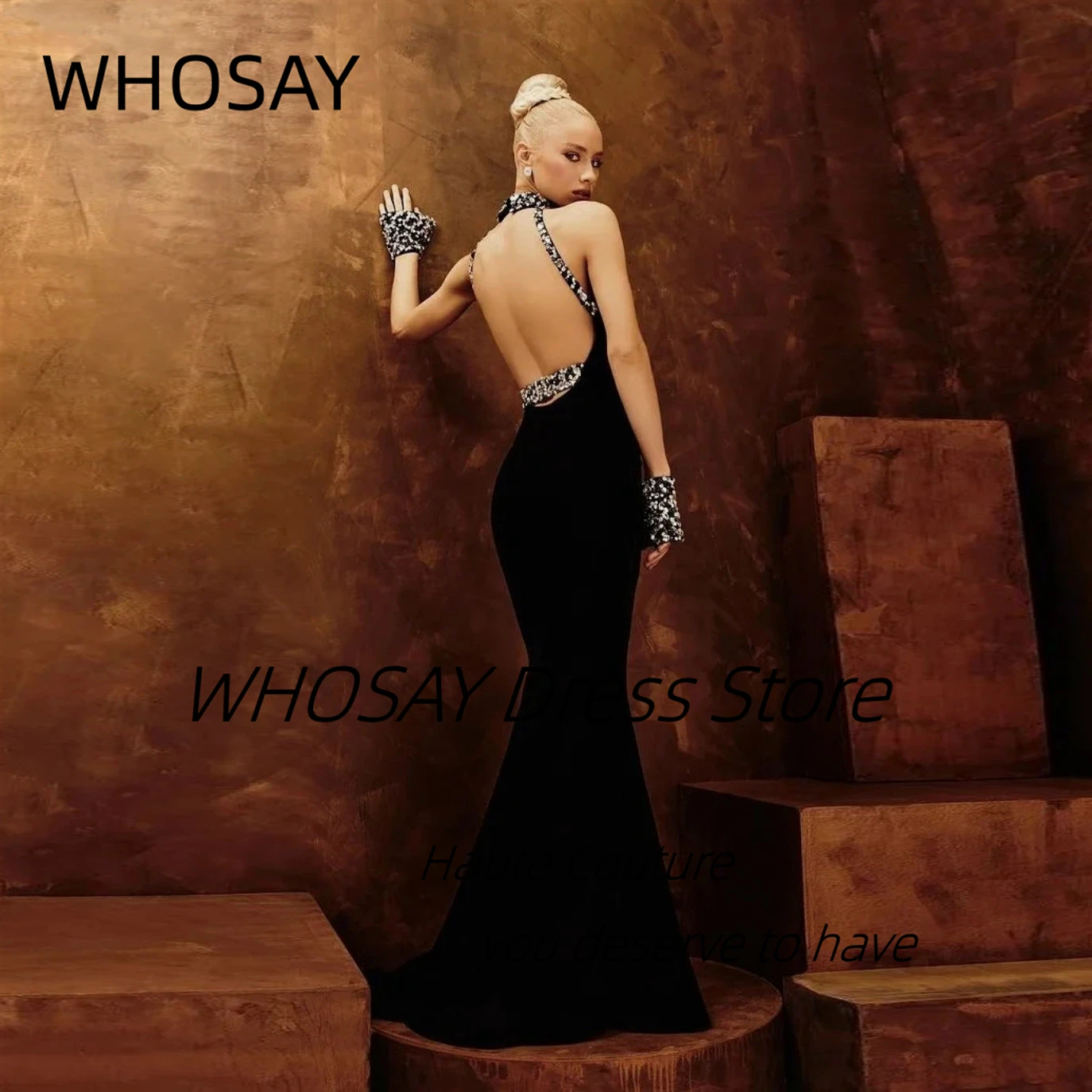 

WHOSAY Black Mermaid Prom Dresses Halter Neck Beaded Evening Dress Sexy Open Back Trumpet Party Vestidos Des Fiesta