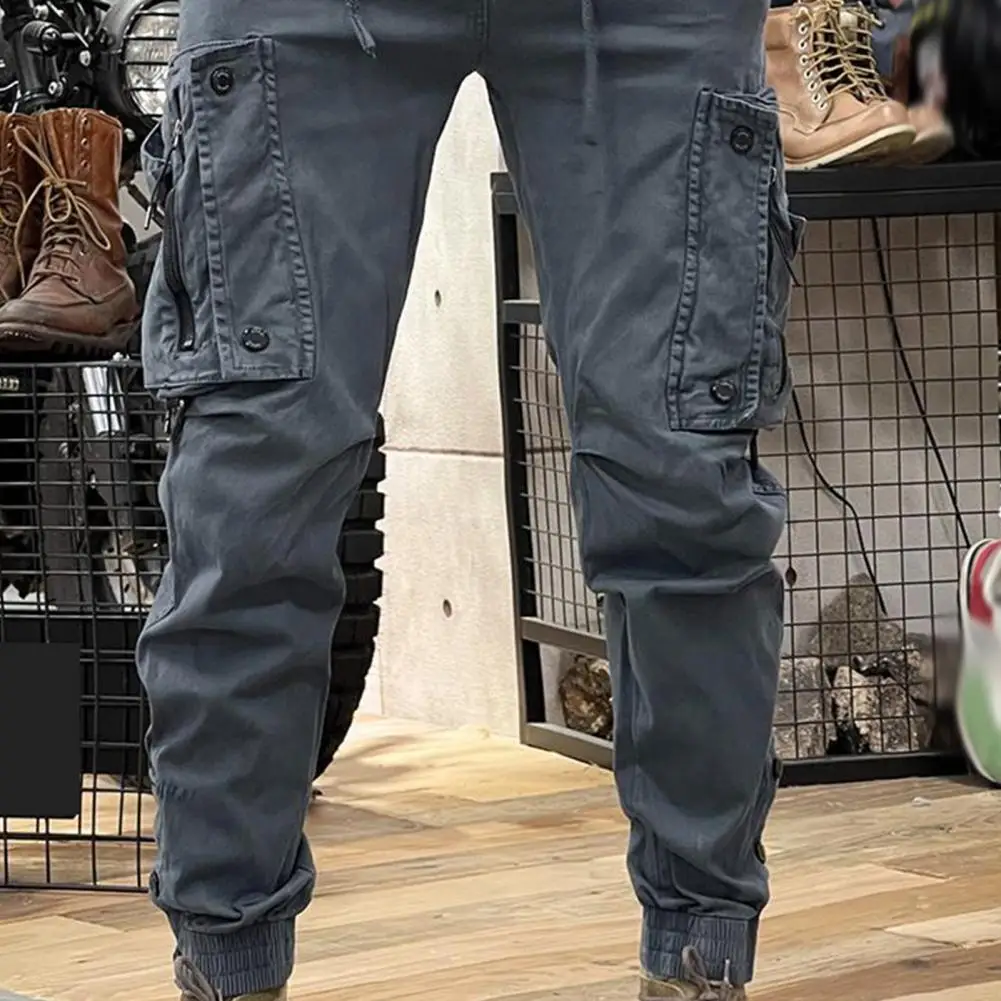 Spring Fall Men Cargo Pants Drawstring Waist Multi Pockets Ankle-banded Solid Sport Trousers Outdoor Training Exercise Trousers