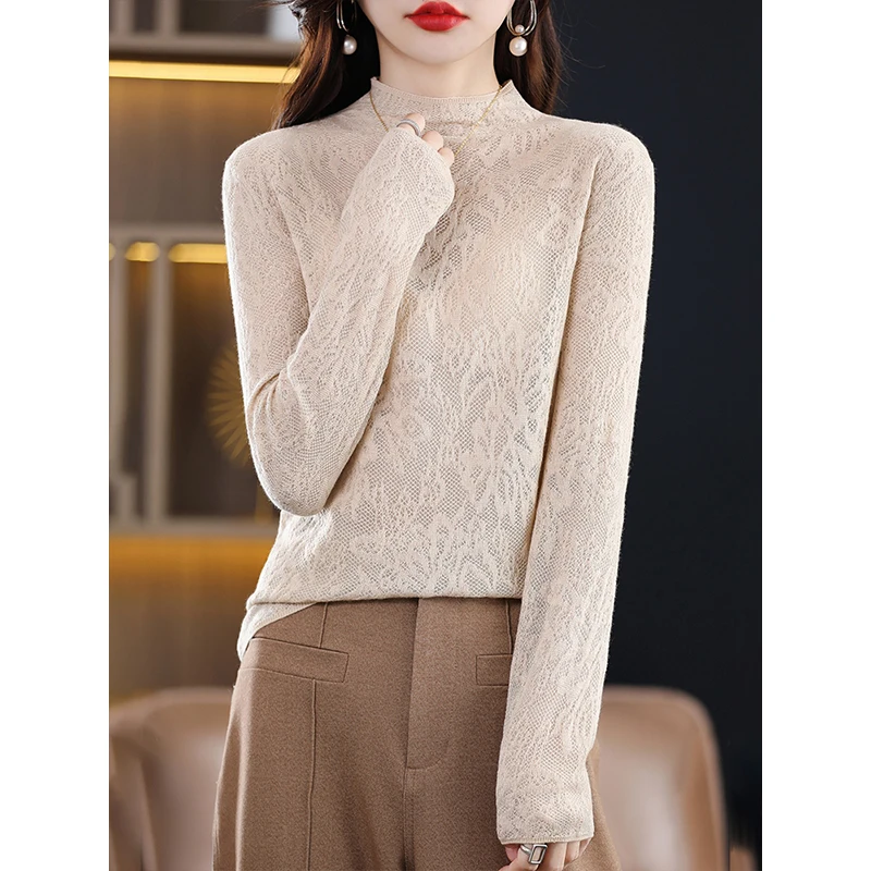 2023 Autumn Lace Knitted Bottom Sweater for Women's Sweater New Half High Neck Top with Small Inner Layer Long Sleeve