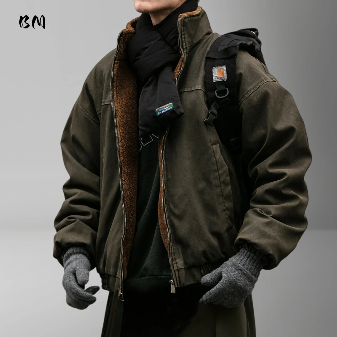 

Мужская японская винтажная тяжелая куртка на толстой флисовой подкладке, зимняя ветрозащитная потертая теплая уличная куртка премиум-качества