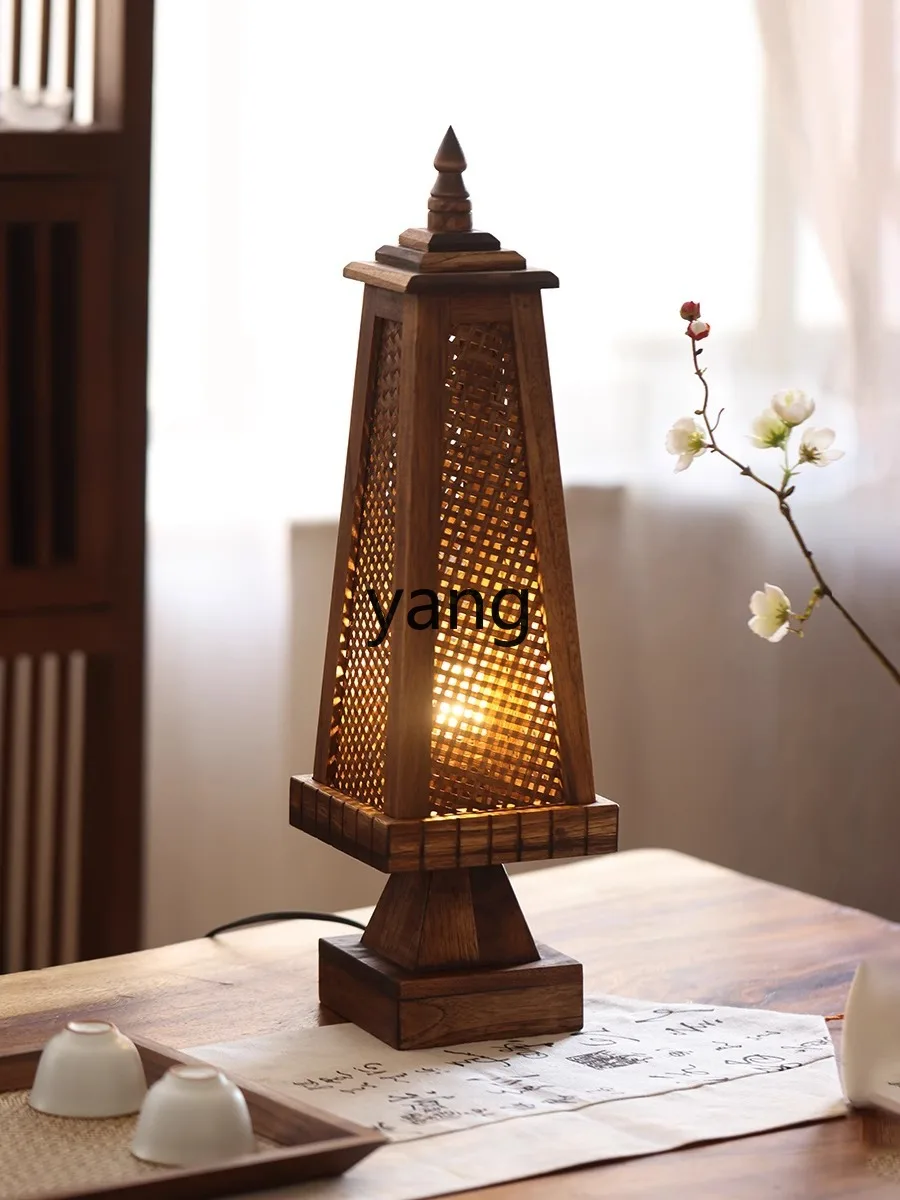 Yjq Chinese Classical Table Lamp Bamboo Woven Zen Retro Bedroom Creative Floor Ambience Light