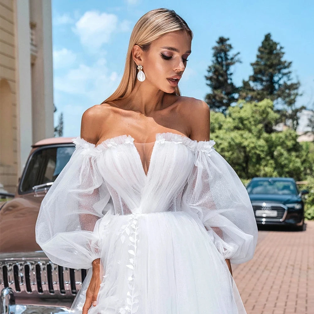 Suknie ślubne z koronkowymi aplikacjami dla panny młodej, tiulowe, długie, z odkrytymi ramionami, plażowe, w stylu boho, na zewnątrz, księżniczka, suknie ślubne.