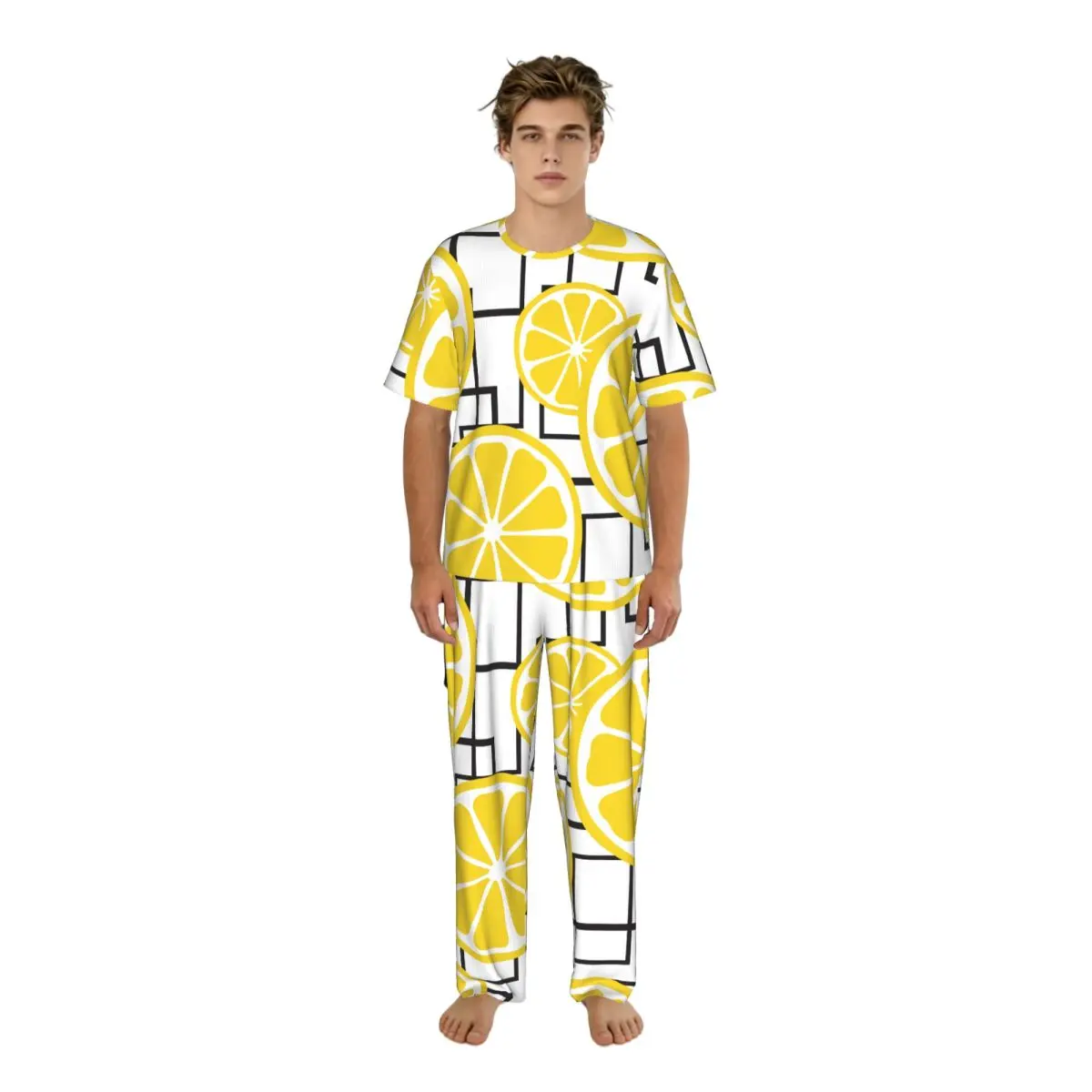 Sleepwear Summer Spring Home Clothes Juicy Lemons On Crossing Lines Short Sleeve Long Pant Nightwear