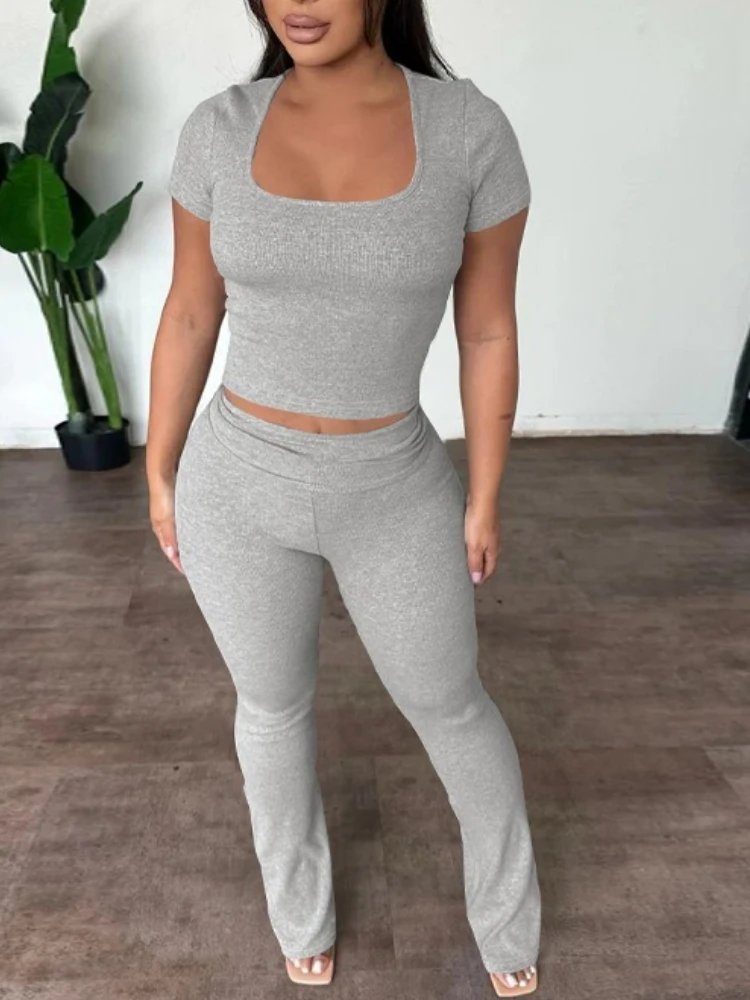 

Bangniweigou Женский базовый топ Брюки Комплект из двух предметов Облегающая футболка с короткими рукавами и брюки с высокой талией Повседневный спортивный костюм Серый