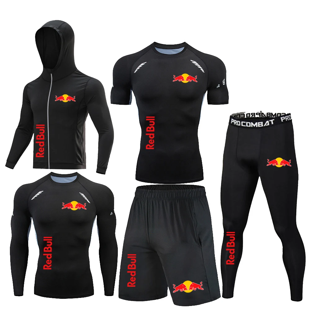 Red Bull sportswear, fitness suit 5-piece set, compression sportswear, running sportswear, sports clothing, sports protection, R