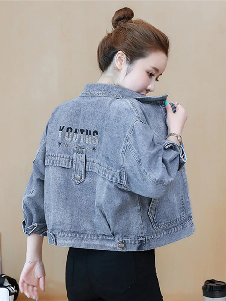 

Faionable ort Denim Jaet Women's Spring Autumn New Sle Korean Loose Bf Trendy Jaet Button ket Rhinestone Detail