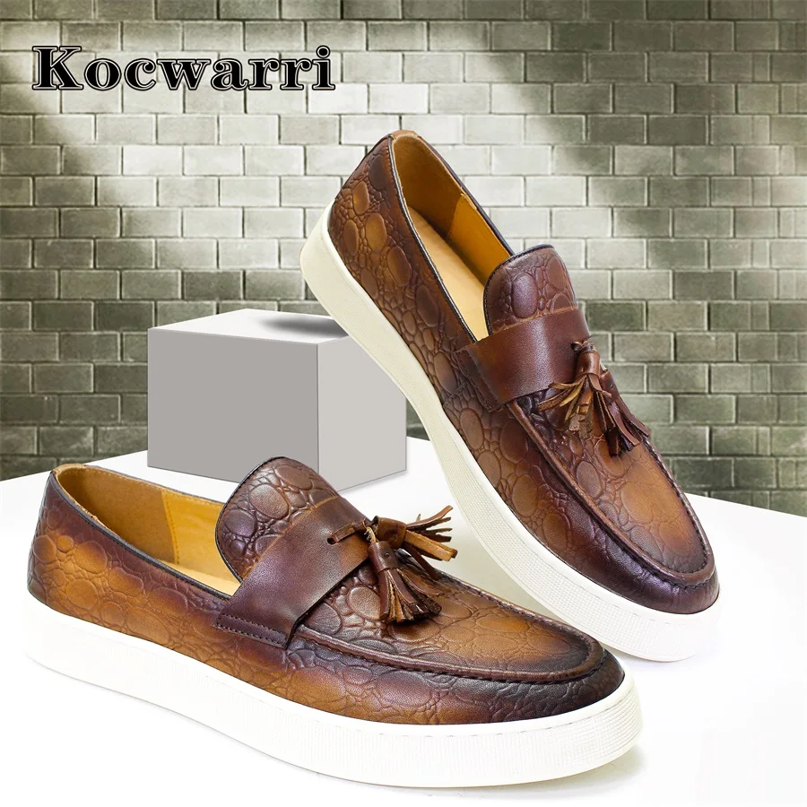 

Men's Casual Chic Genuine Leather Burnished Handmade Embossed Tassel Slip-On Thick Sole Loafers All-Season
