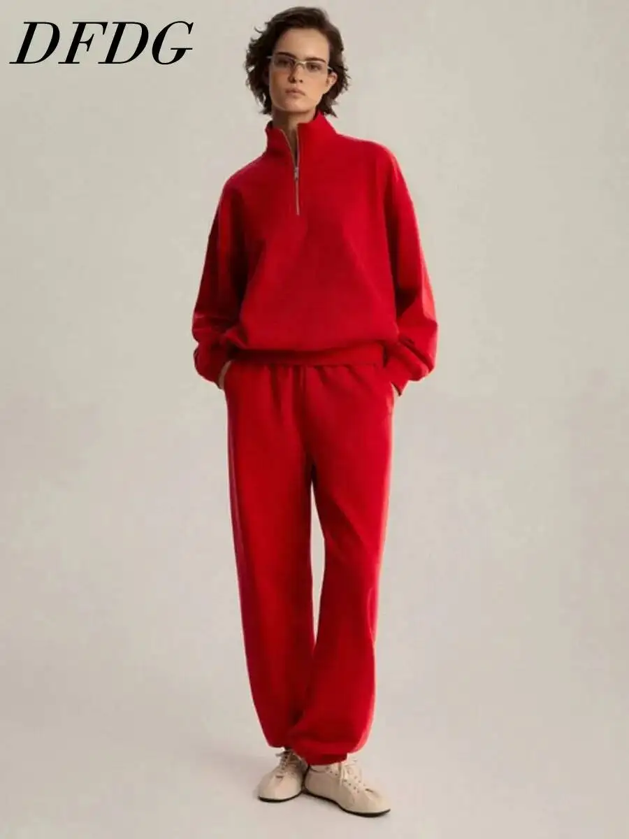 

DFDG Women 2026 Spring Summer Two Piece Tracksuit Half Zip High Neck Oversized Sweatshirt Elastic Cuff Jogger Pants Casual Set