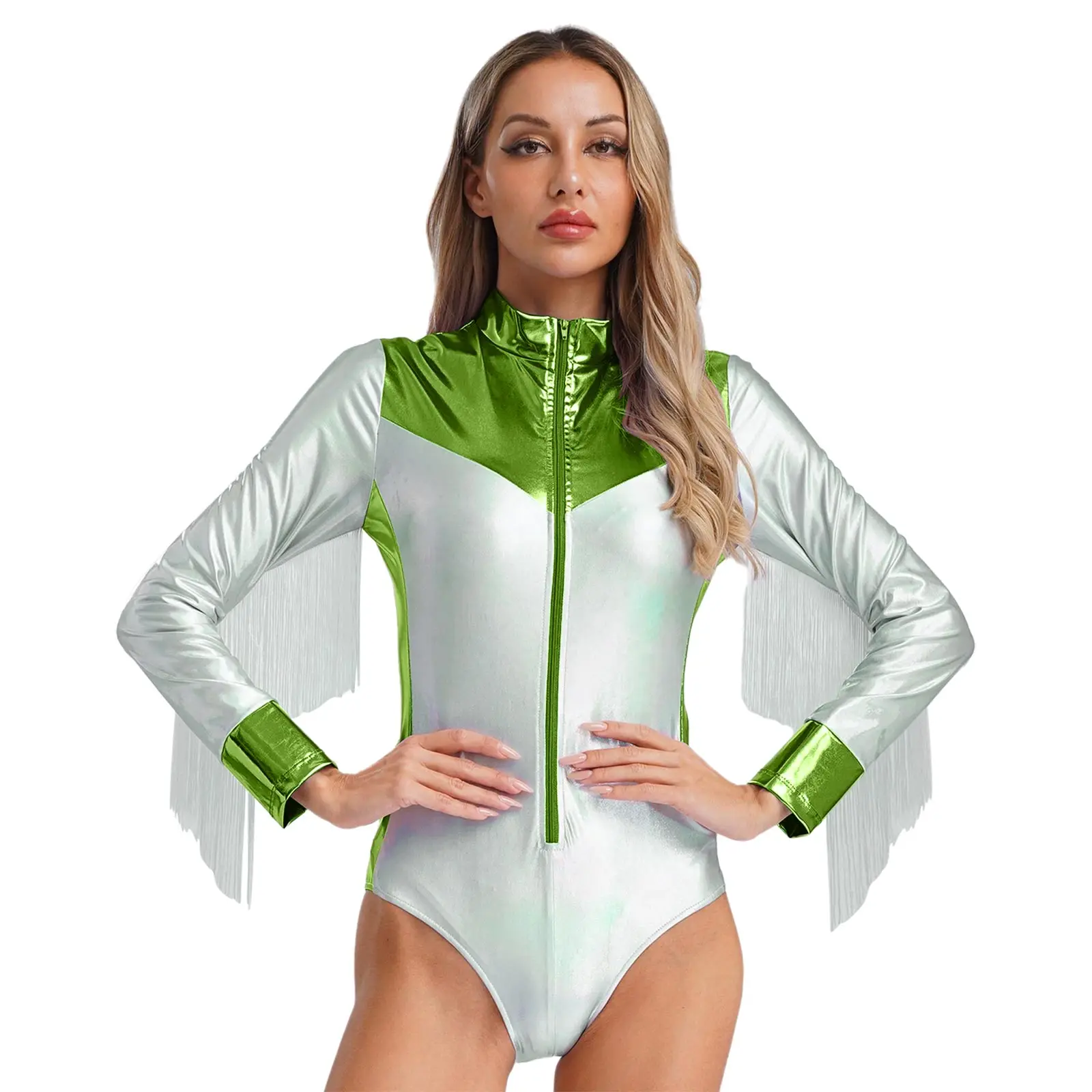

Women Metallic Latin Jazz Dance Bodysuit Long Sleeves Tassel Leotard Gymnastic Romper Pole Dancing Stage Performance Costume