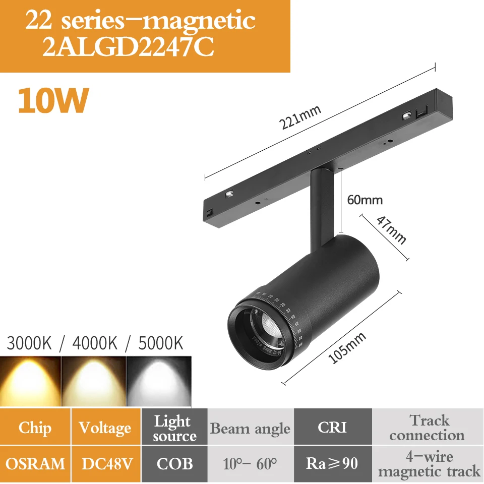 Zoomable LED Magnetic Track Light, Zigbee Dimming, Zoom Magnet Spotlight, Dali Linear Stripe, Lâmpada de trilho de foco ajustável, 48V, 10W, 20W