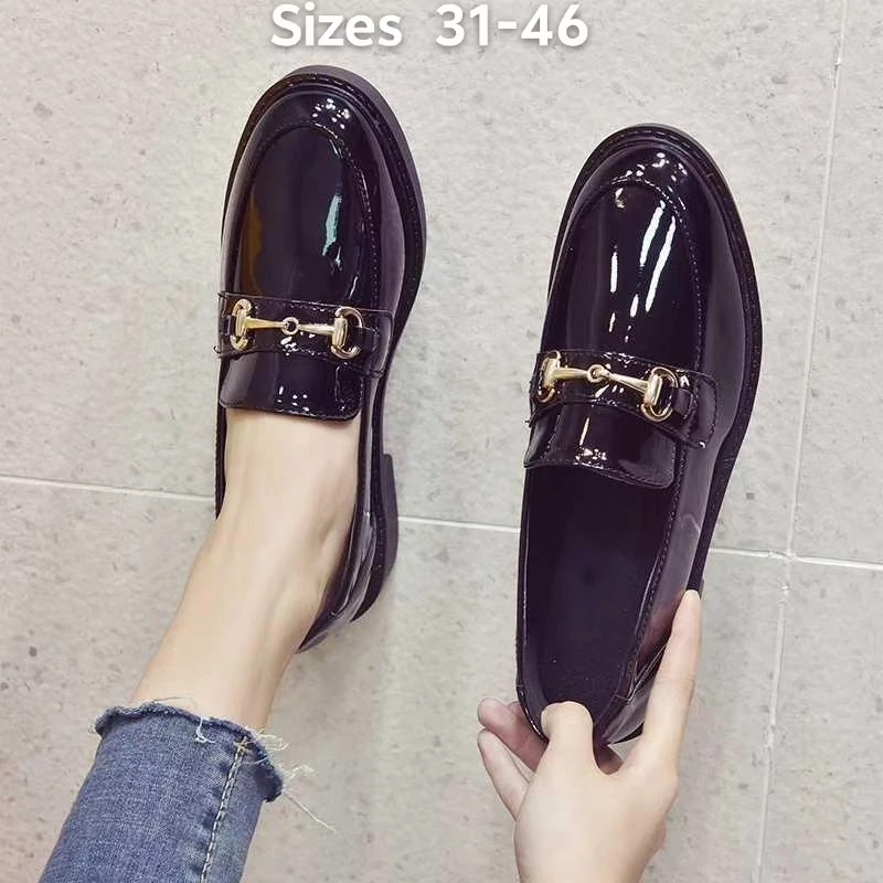 

33-46 British-Style Leather Loafers for Students - Chunky-Heeled Spring/Fall Flats - Extra Large Women's Shoes