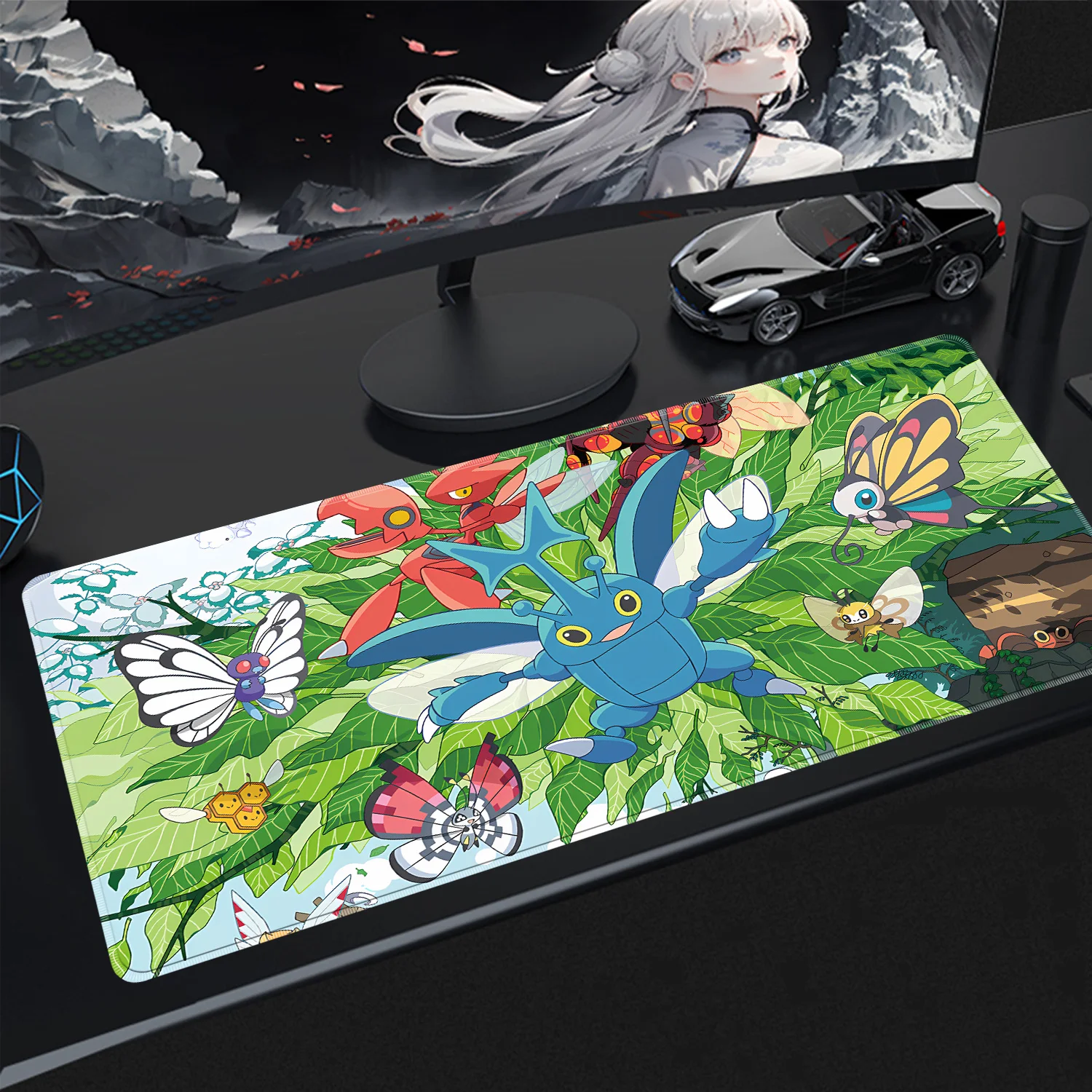Kawaii Pokemon Butterfree Gaming-Mauspad, große Desktop-Matte, rutschfest, bequem, Tastatur-Mauspad für Spieleliebhaber, Heimdekoration