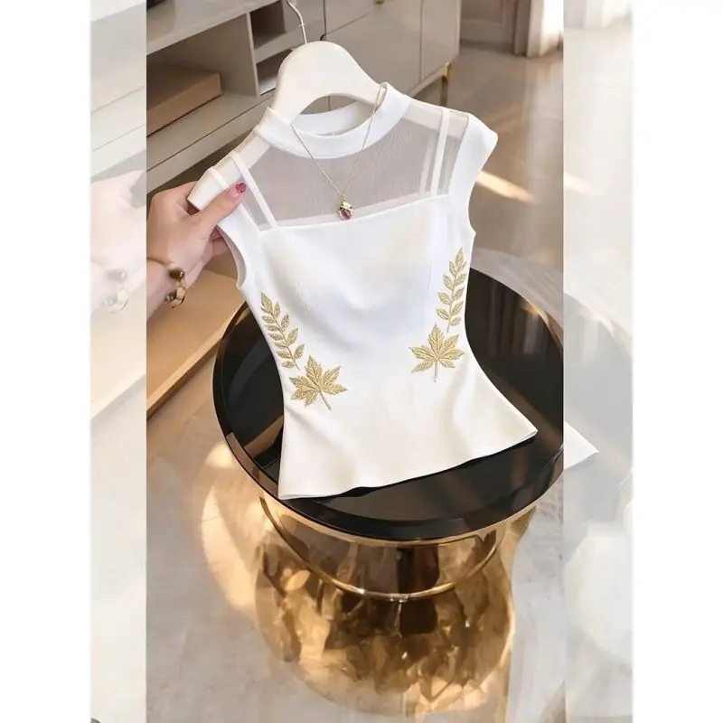 Elegant National Style Sleeveless Top Women's Slimming Stand Collar Mesh Splicing Slimming Personality Base Small Shirt