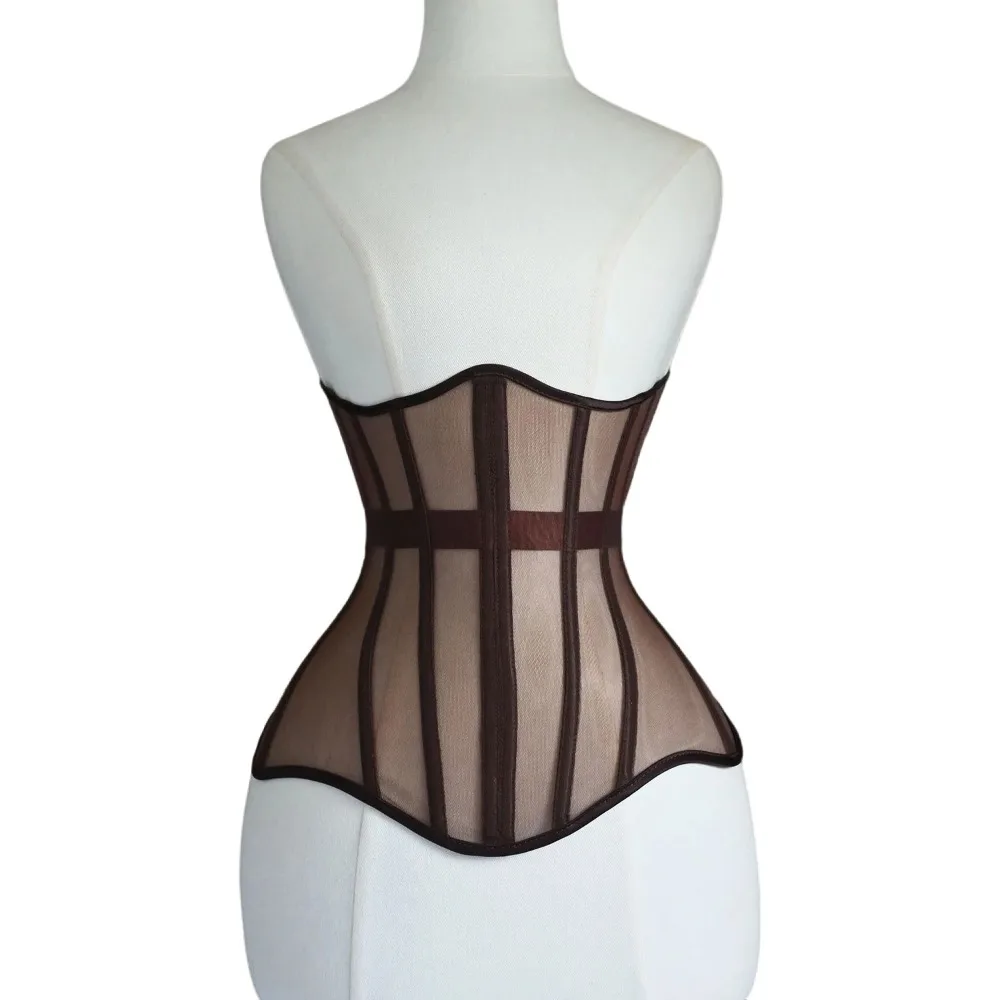 

Women Corset Bustier Underbust Transparent Mesh Steel Boned Waist Trainer Bodice Lace Up Body Shaper Tight Tops Stage Costume
