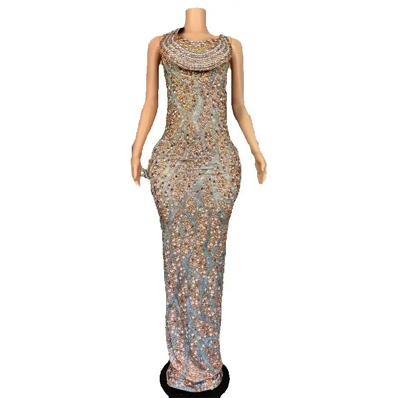 Traje de baile de Jazz para mujer, vestido de noche completo con diamantes de imitación, trajes de Festival para Bar y Club nocturno, vestido de fiesta de bailarina y cantante XS10191