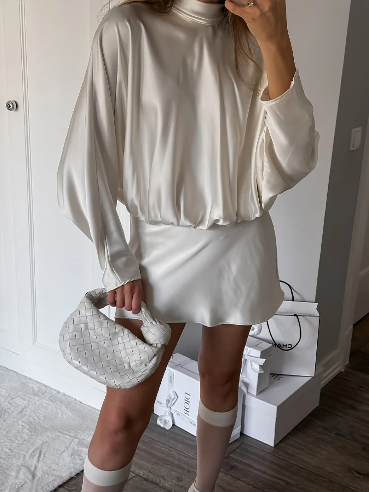 HH femme élégante Mini robe soie Satin Texture à manches longues col roulé avec écharpe solide fête mode Vintage robe Sexy Mujer