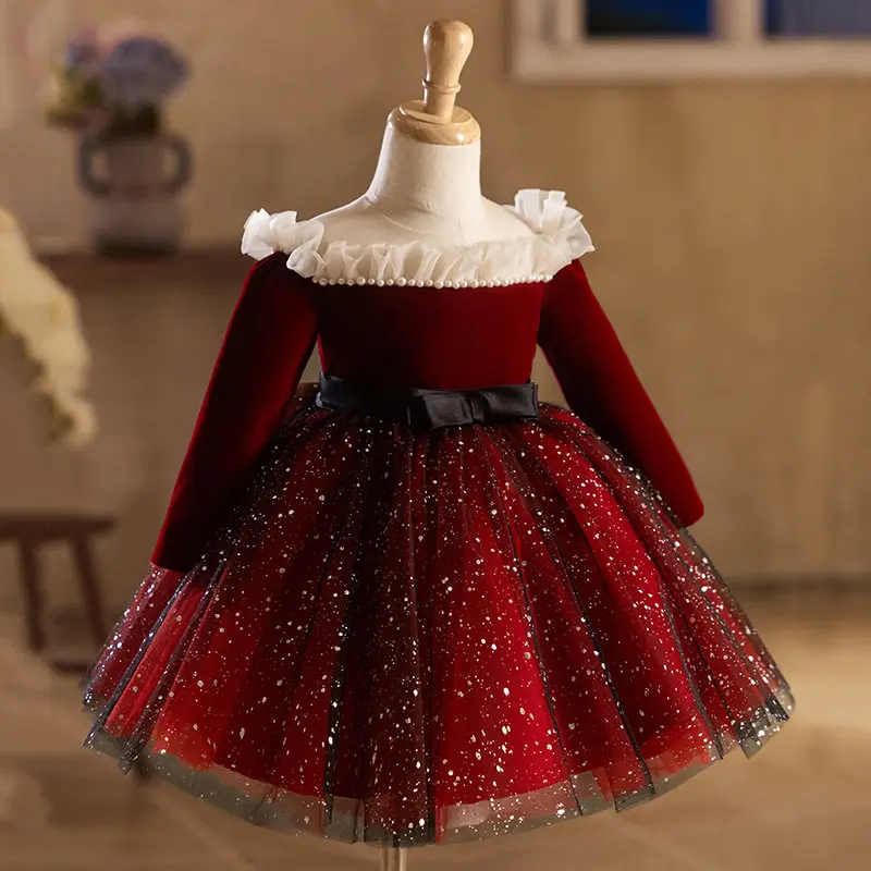 

Sweet Children's Princess Short Dress Birthday Host Piano Performance Dress Girls Off Shoulder Long Sleeves Red Dress