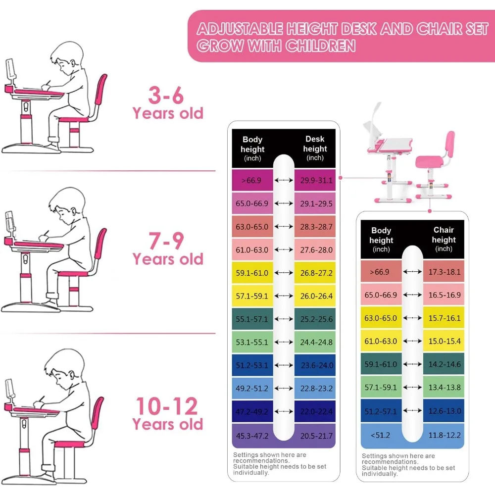 Kids Study Table and Chair Set,  School Writing Study Table,with Large Writing Board LED Pull Out Drawer Pencil Case Bookstand