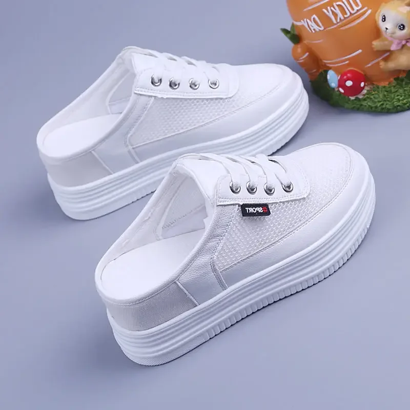 Women Half Slippers Mesh Surface Hollowed Summer Versatile Student Outdoor Breathable Sneaker Closed Toe Mesh Casual Shoes White