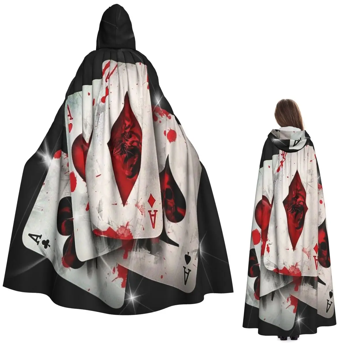 

Красный, черный покер, квадратная клетчатая шахматная доска, игральные карты в форме сердца, длинный плащ с капюшоном, средневековый костюм ведьмы, косплей, пальто на Хэллоуин