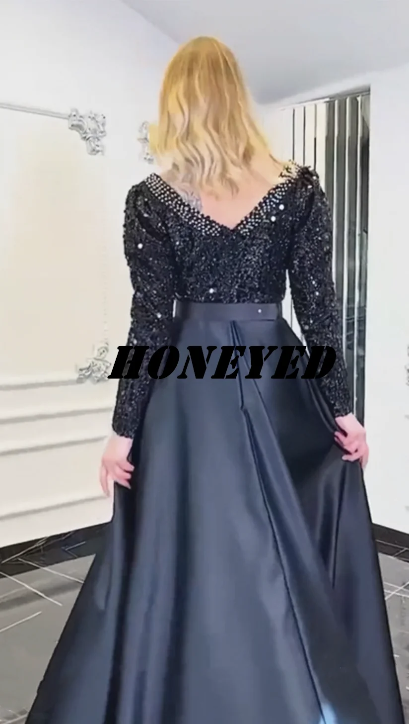 Honeyed-vestido de noche negro de satén exquisito, manga larga y borlas en el tobillo, lentejuelas, cuello redondo, tirantes de hombro regulares, nuevo 2023