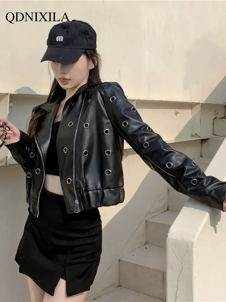 Women's Moto Biker Zipper Jacket 2024 Spring Jacket Women New Outerwear Heavy Industries Metal Buckle Hole Leather Jacket Woman