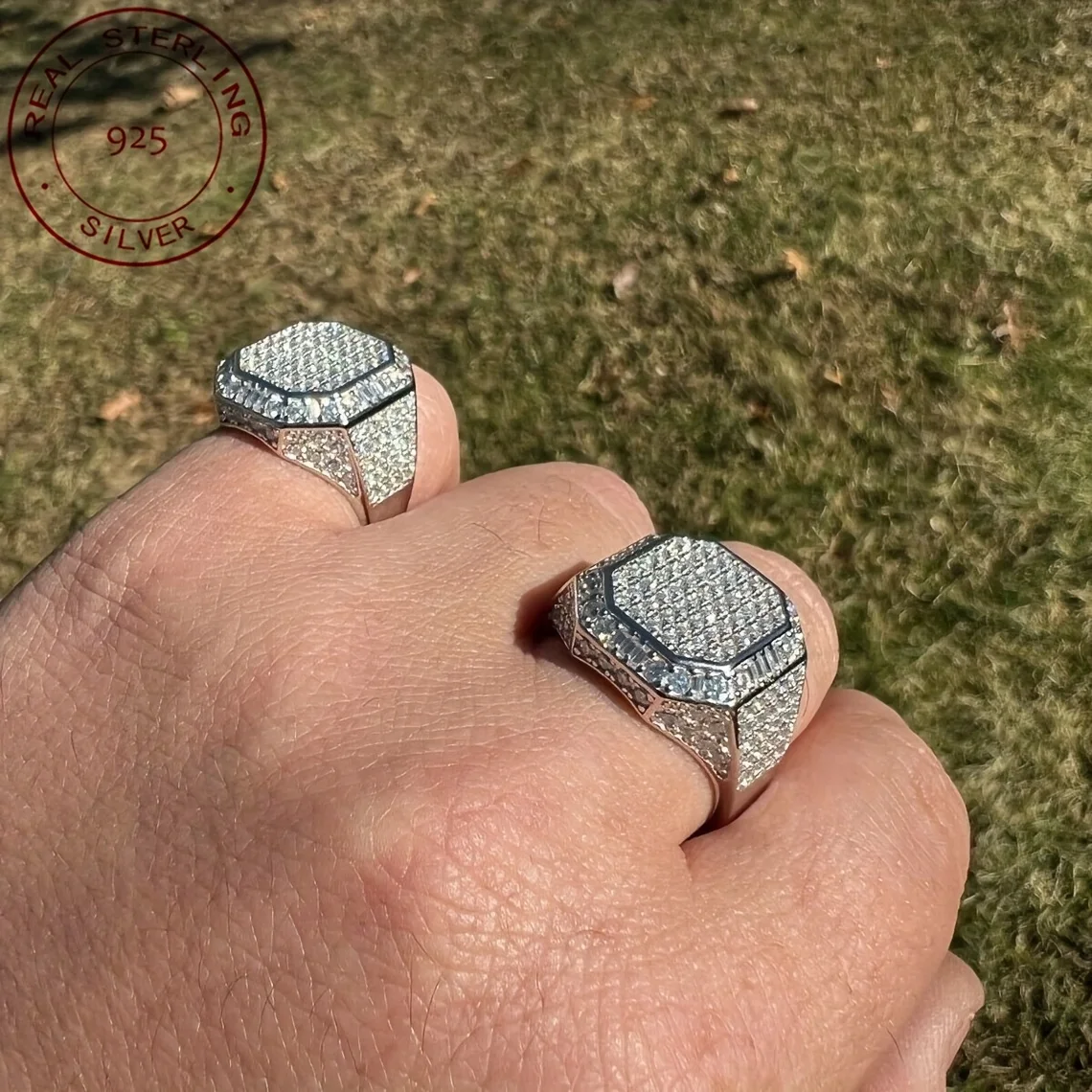 2025 جديد عصري للرجال مثلج خارج الزركون المثمن الهيب هوب العنقودية الخنصر الصلبة 925 فضة خاتم الزواج الفرقة