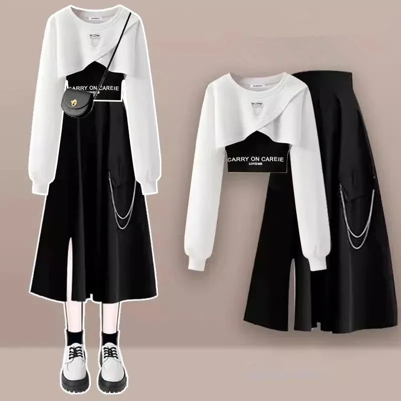 

Women's Spring Autumn Cool Streetwear Clothing Letter Crop Tops Sling Black Chain Split Skirts 1 or 3 Piece Set Sweatshirt Suit