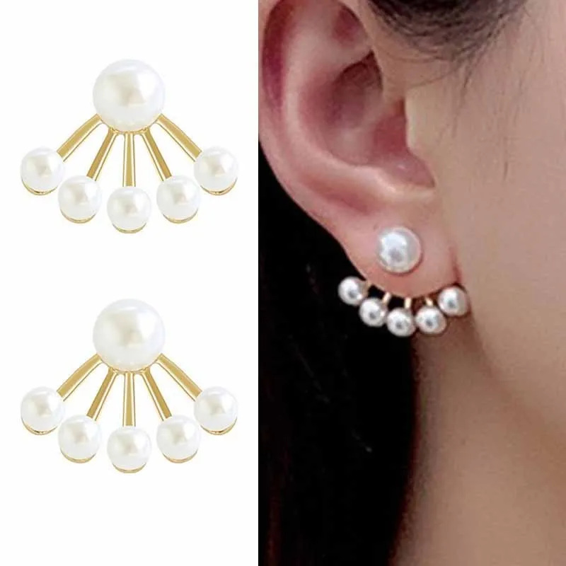 925 Silver Needle Korean Fashion Back Hanging Pearl Earrings For Women Jewelry 2023 Trending Luxury Fan-shaped Stud Earrings New