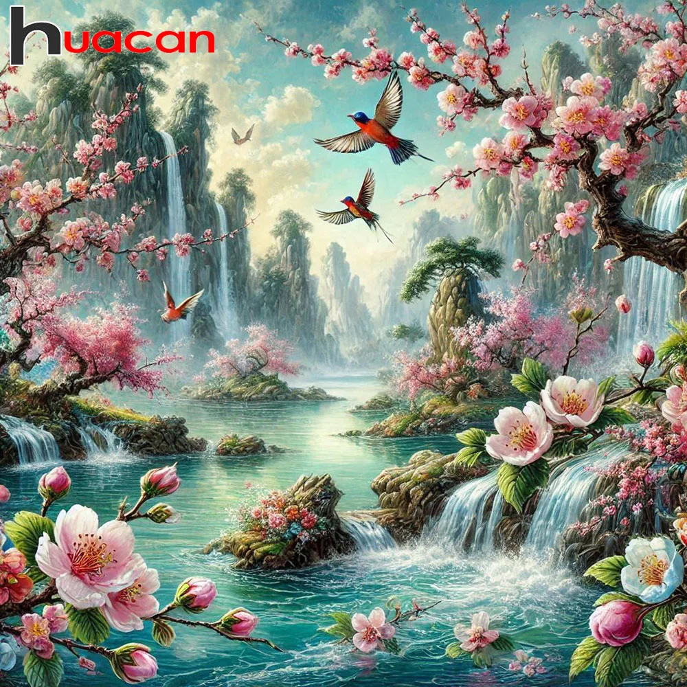 Huacan Vollquadrat Rundes Diamantgemälde Berg Wasserfall Diamant Mosaik Landschaft Blumenkunst Dekorative Gemälde