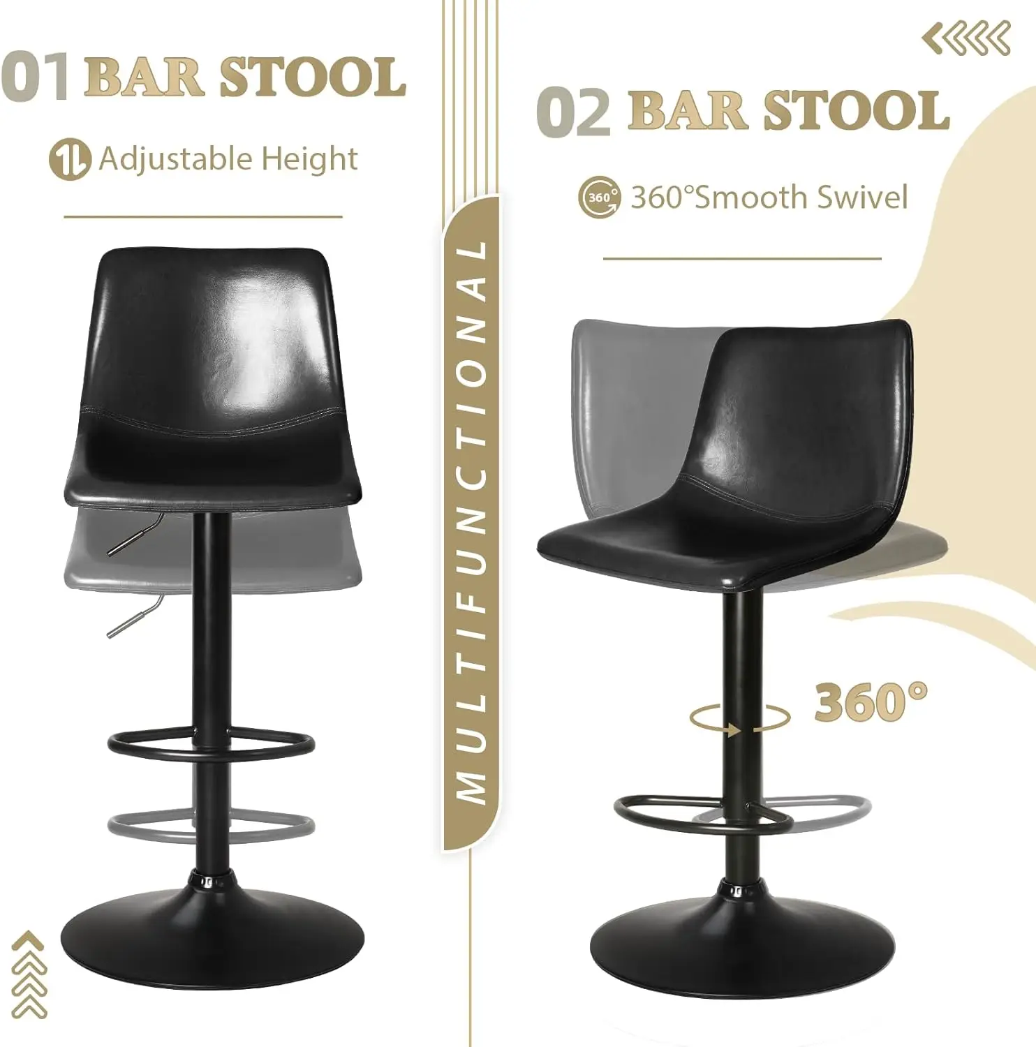 Conjunto de bancos de bar com 4 bancos de bar giratórios modernos, altura de balcão com encosto, cadeiras de bar estofadas em couro sintético ajustáveis para