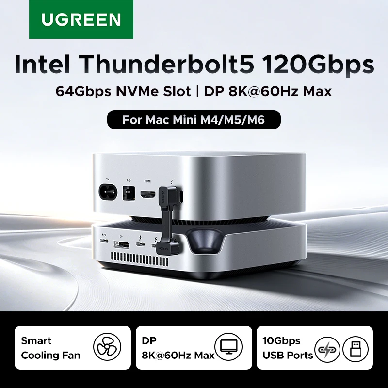 UGREEN Thunderbolt 5 120Gbps Stacja Dokująca do Mac Mini M.2 NVMe SSD DP 8K60Hz SD4.0 USB-A 10Gbps dla Mac Mini M4/M5 Pro/M6 HUB