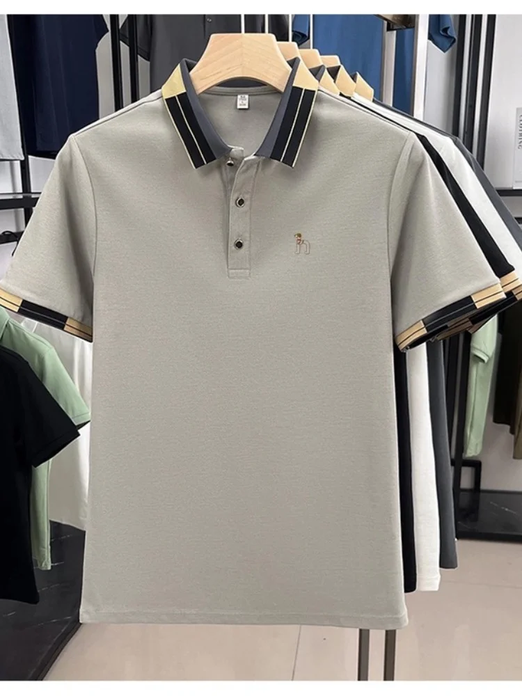 أزياء فاخرة للرجال قميص بولو مريح قصير الأكمام الصيف العلامة التجارية العصرية الكلب الصغير التطريز الكورية عارضة التلبيب تي شيرت #5