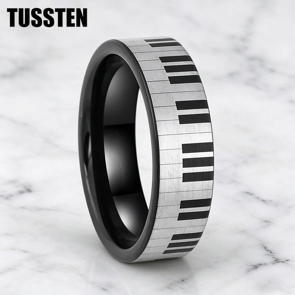 TUSSTEN 6/8MM Tungsten Wedding Band Ring for Men Women Piano Key Engraving Tungsten Ring Musical Tungsten Carbide Ring