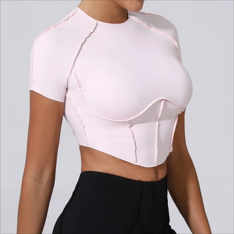 

Seamless Nude Women Quick Dry Short Sleeve Tight Sports Fitness Yoga Top for Running Workout-No Padding Breathable Activewear