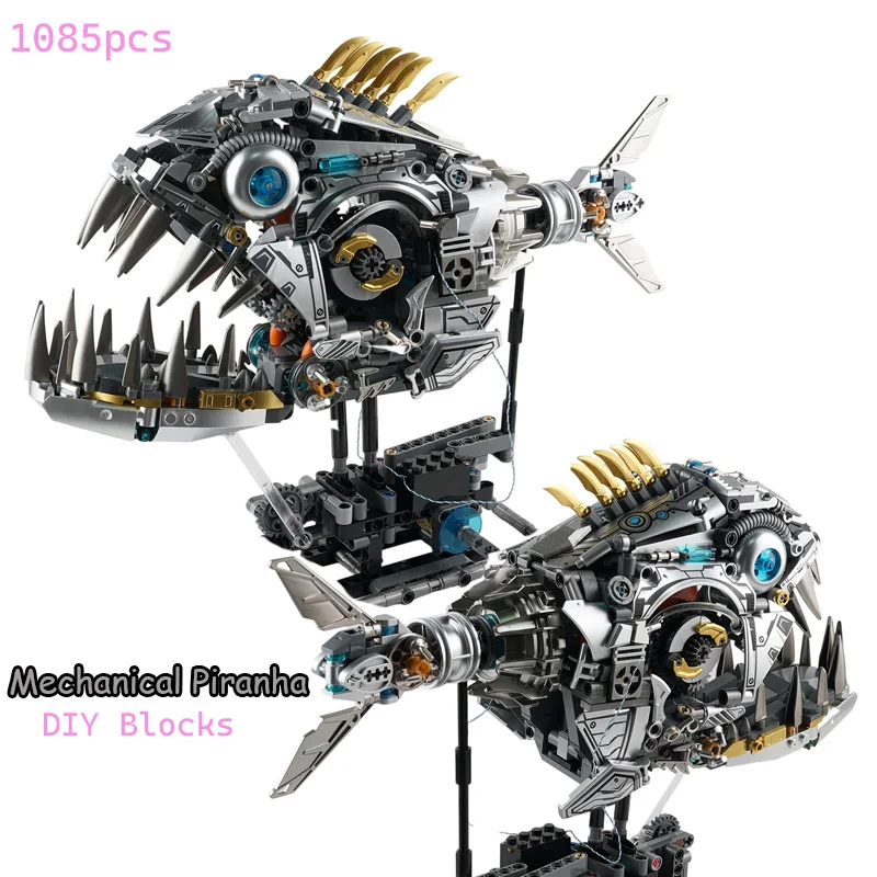 

DIY Mechanical Piranha MOC Building Blocks Boys 1085pcs Assembly Marine Animal Fish Educational Model Bricks Toys Birthday Gifts