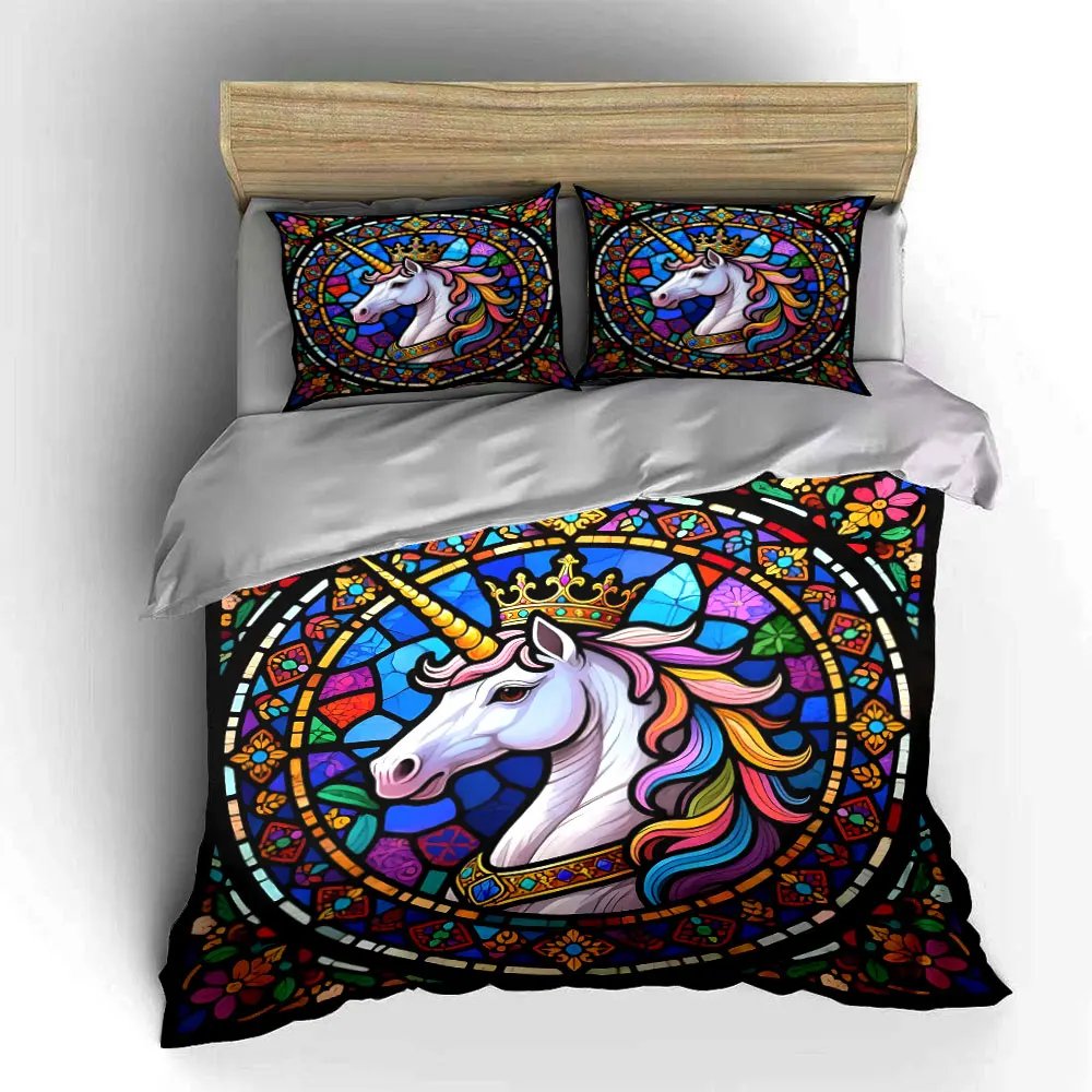 Stained Glass Unicorn with Crown Print Soft Comfortable Duvet Cover Bedding Set Included 1*Duvet Cover 2*Pillowcases 5