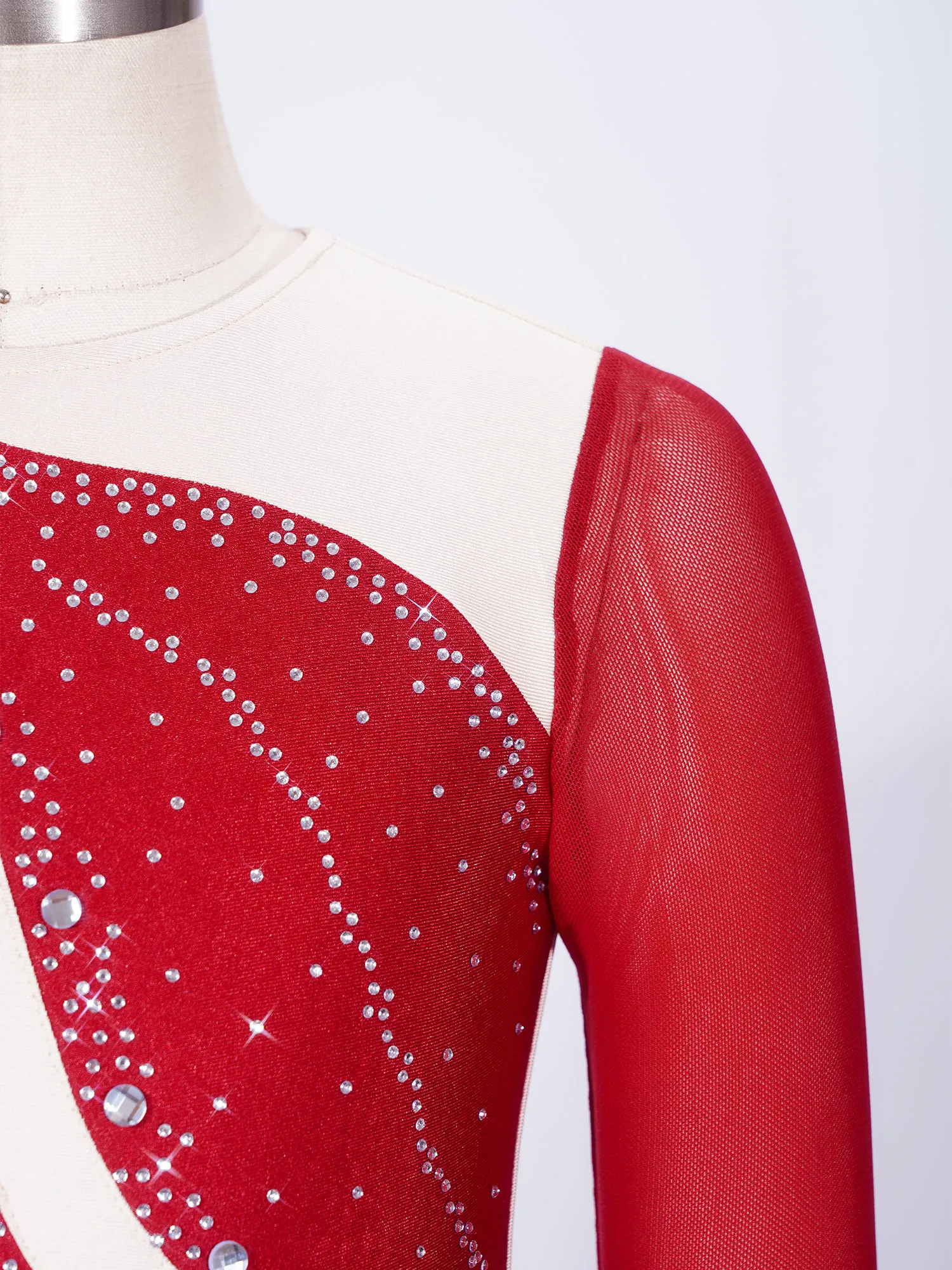 Girls Ballet Dance Artistic Gymnastics Leotard Long Sleeve Shiny Rhinestone Mesh Jumpsuit Figure Skating Performance Competition
